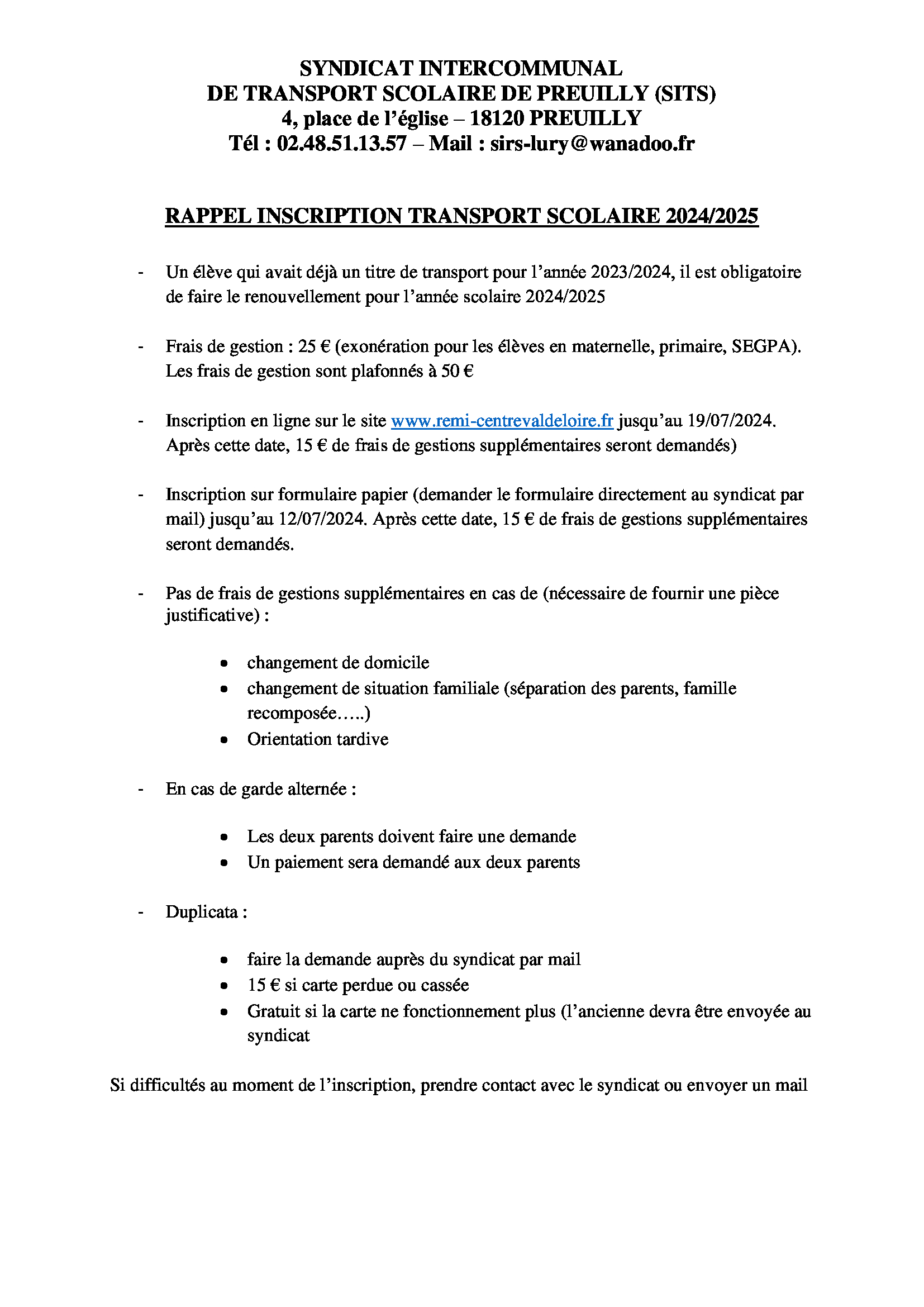 RAPPEL INSCRIPTION TRANSPORT SCOLAIRE 2024
